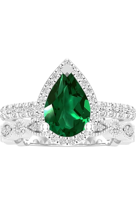 Divine Creation 14K White Gold Plated 2.50 Ct Pear Cut Green Emerald Christmas Thanksgiving Wedding Bridal Ring Set 925 Sterling Silver For Women's -10