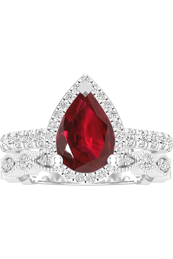 Divine Creation 14K White Gold Plated 2.50 Ct Pear Cut Red Ruby Christmas Thanksgiving Wedding Bridal Ring Set 925 Sterling Silver For Women's -5