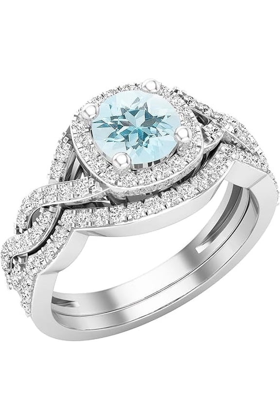Divine Creation 14K White Gold Plated 925 Sterling Silver 2.50 Ct Round Cut Aquamarine Engagement Wedding Christmas Thanksgiving Bridal Ring Set For Women's -8.5
