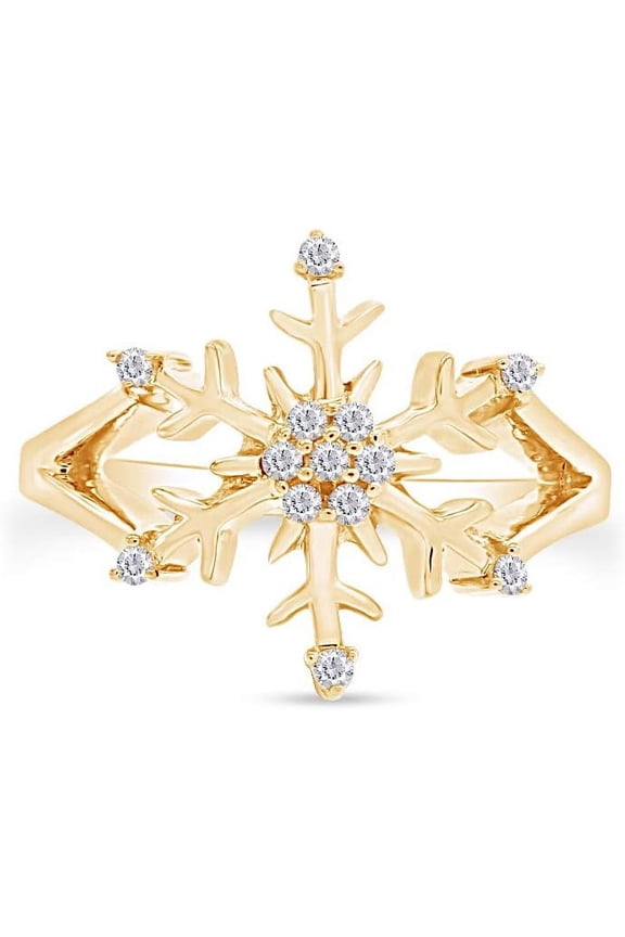 Divine Creation 14K Yellow Gold Plated 1Ct Round Cut White Diamond Wedding Engagement Snowflake Ring 925 Sterling Silver For Women's -10