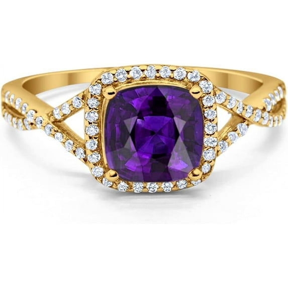 Divine Creation 2.00 Ct Cushion Cut Purple Amethyst Wedding Engagement Halo Ring 14K Yellow Gold Plated 925 Sterling Silver For Women's -6