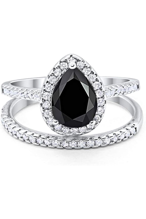 Divine Creation 2.00 Ct Pear Cut Black Diamond Wedding Engagement Bridal Ring Set 14K White Gold Plated 925 Sterling Silver For Women's -4