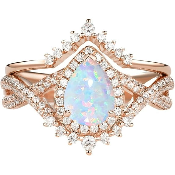Divine Creation 2.00 Ct Pear Cut Fire Opal Wedding Engagement Bridal Ring Set 14K Rose Gold Plated 925 Sterling Silver For Women's -5.5