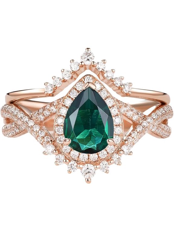 Divine Creation 2.00 Ct Pear Cut Green Emerald Wedding Engagement Bridal Ring Set 14K Rose Gold Plated 925 Sterling Silver For Women's -9