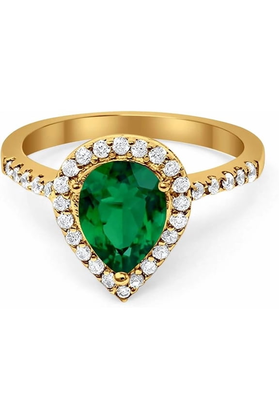 Divine Creation 2.00 Ct Pear Cut Green Emerald Wedding Engagement Halo Ring 925 Sterling Silver 14K Yellow Gold Plated For Women's -8