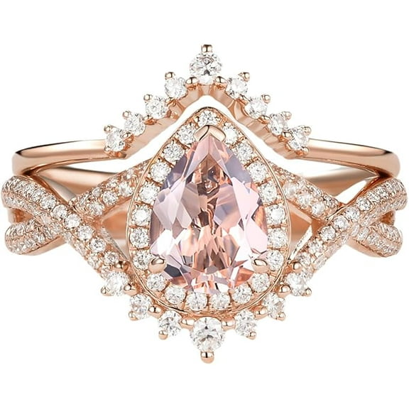 Divine Creation 2.00 Ct Pear Cut Morganite Wedding Engagement Bridal Ring Set 14K Rose Gold Plated 925 Sterling Silver For Women's -5.5