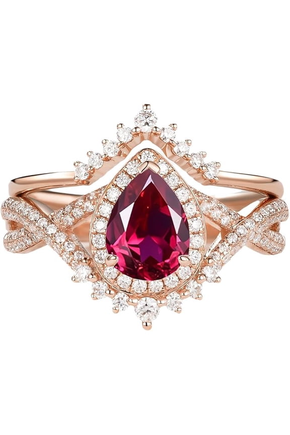 Divine Creation 2.00 Ct Pear Cut Red Ruby Wedding Engagement Bridal Ring Set 14K Rose Gold Plated 925 Sterling Silver For Women's -4.5
