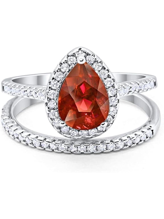 Divine Creation 2.00 Ct Pear Cut Red Ruby Wedding Engagement Bridal Ring Set 14K White Gold Plated 925 Sterling Silver For Women's -5
