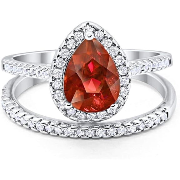 Divine Creation 2.00 Ct Pear Cut Red Ruby Wedding Engagement Bridal Ring Set 14K White Gold Plated 925 Sterling Silver For Women's -6.5