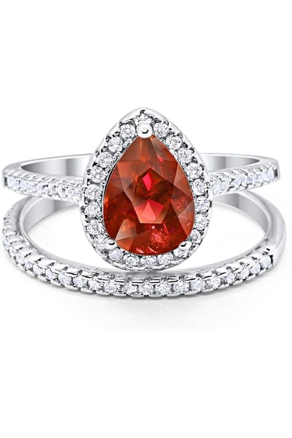 Divine Creation 2.00 Ct Pear Cut Red Ruby Wedding Engagement Bridal Ring Set 14K White Gold Plated 925 Sterling Silver For Women's -7