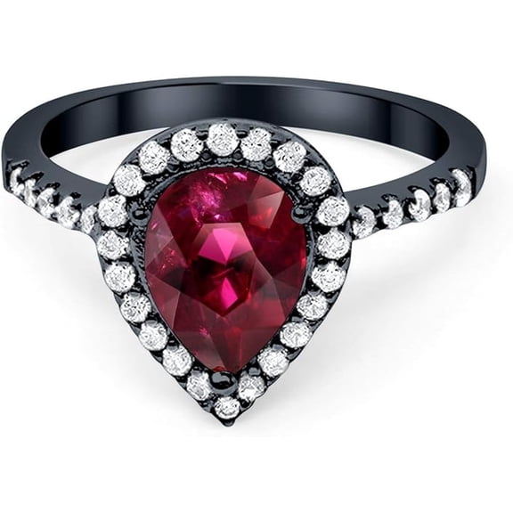 Divine Creation 2.00 Ct Pear Cut Red Ruby Wedding Engagement Halo Ring 925 Sterling Silver 14K Black Gold Plated For Women's -8