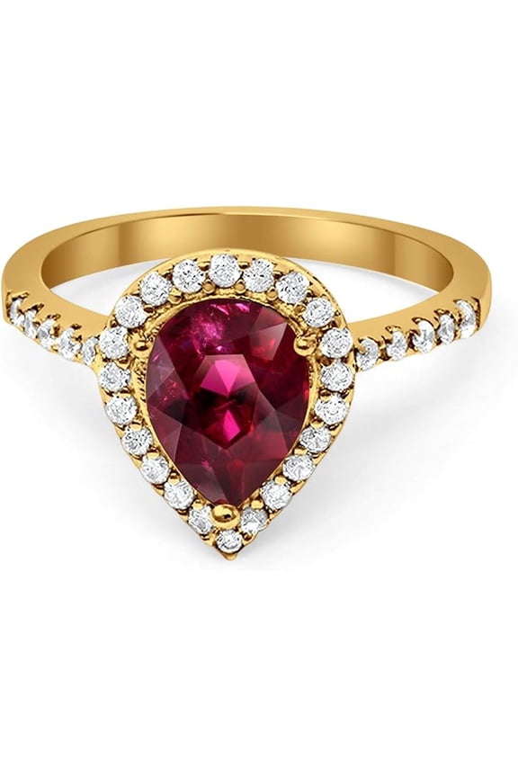 Divine Creation 2.00 Ct Pear Cut Red Ruby Wedding Engagement Halo Ring 925 Sterling Silver 14K Yellow Gold Plated For Women's -6