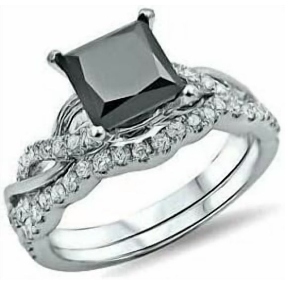 Divine Creation 2.00 Ct Princess Cut Black Diamond Wedding Engagement Bridal Ring Set 925 Sterling Silver 14K White Gold Plated For Women's -9