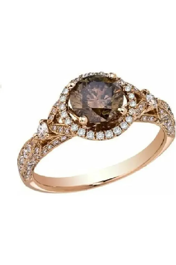 Divine Creation 2.00 Ct Round Cut Brown Diamond Wedding Engagement Halo Ring 14K Rose Gold Plated 925 Sterling Silver For Women's -7
