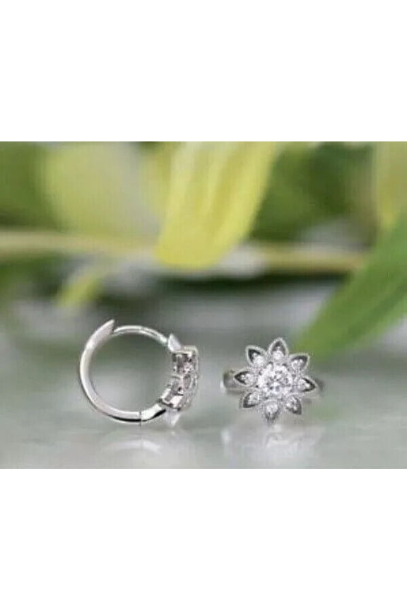 Divine Creation 2.00 Ct Round Cut Diamond Pretty Flower Shape Clip On Hoop Earrings For Womens 14K White Gold Plated 925 Sterling Silver