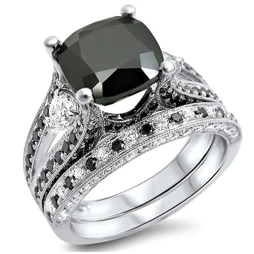 Divine Creation 2.10 Ct Cushion Cut Black Diamond Wedding Engagement Bridal Ring Set 925 Sterling Silver 14K White Gold Plated For Women's -8.5