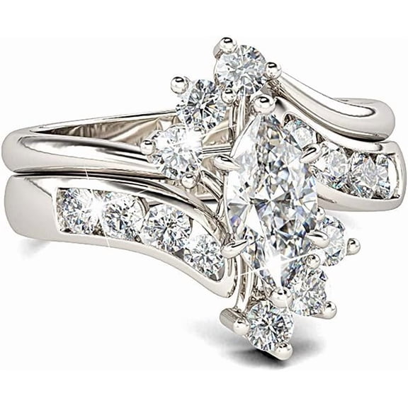 Divine Creation 2.10 Ct Marquise Cut White Diamond Engagement Wedding Thanksgiving Christmas Bridal Ring Set 14K White Gold Plated 925 Sterling Silver For Women's -10