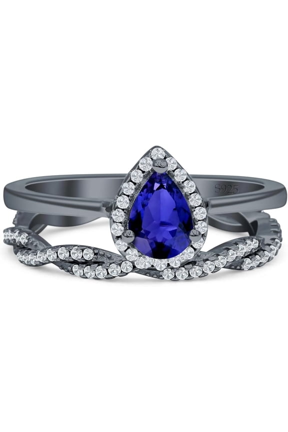 Divine Creation 2.20 Ct Pear Cut Blue Sapphire Christmas Thanksgiving Engagement Bridal Ring Set 14K Black Gold Plated 925 Sterling Silver For Women's -10