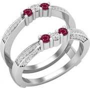 DIVINE CREATIONS Divine Creation 2.28 Ct Round Cut Red Ruby & Diamond Wrap Guard Enhancer Engagement Wedding Ring 925 Sterling Silver 14K White Gold Finish For Women's -9.5