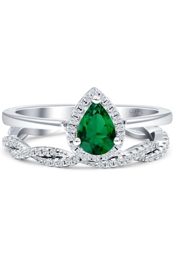 Divine Creation 2.35 Ct Pear Cut Green Emerald Wedding Christmas Thanksgiving Bridal Ring Set 14K White Gold Plated 925 Sterling Silver For Women's -9.5