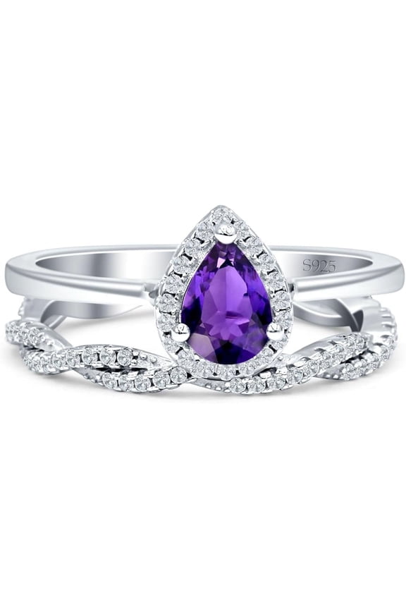 Divine Creation 2.35 Ct Pear Cut Purple Amethyst Wedding Christmas Thanksgiving Bridal Ring Set 14K White Gold Plated 925 Sterling Silver For Women's -5