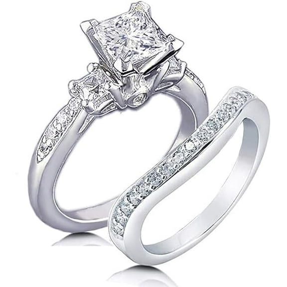 Divine Creation 2.35 Ct Princess Cut White Diamond Engagement Wedding Thanksgiving Christmas Bridal Ring Set 14K White Gold Plated 925 Sterling Silver For Women's -9.5