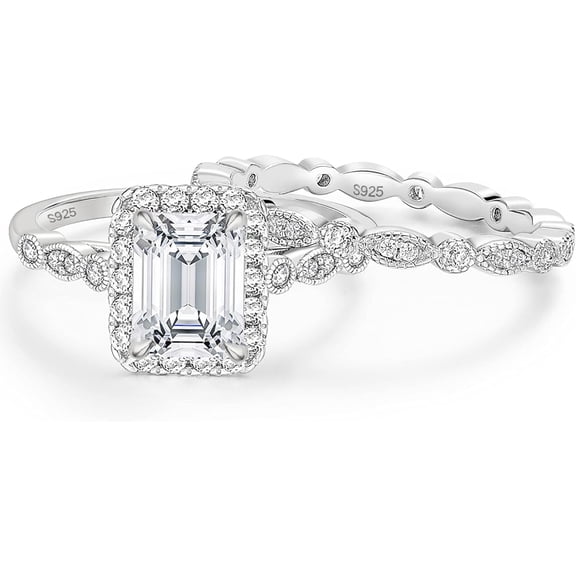 Divine Creation 2.40 Ct Emerald Cut White Diamond Engagement Wedding Thanksgiving Christmas Bridal Ring Set 14K White Gold Plated 925 Sterling Silver For Women's -4.5