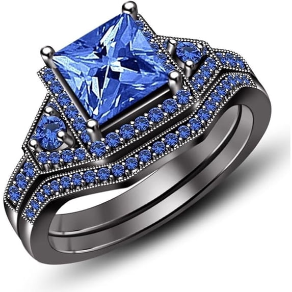Divine Creation 2.40 Ct Princess Cut Blue Sapphire Engagement Wedding Thanksgiving Christmas Bridal Ring Set 14K Black Gold Plated 925 Sterling Silver For Women's -7.5