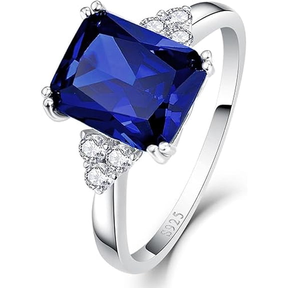 Divine Creation 2.50 Ct Emerald Cut Blue Sapphire Womens Wedding Enagaement Ring 925 Sterling Silver 14K White Gold Plated For Women's -4.5