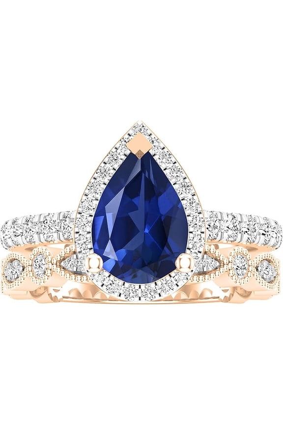 Divine Creation 2.50 Ct Pear Cut Blue Sapphire Christmas Thanksgiving Wedding Bridal Ring Set 14K Rose Gold Plated 925 Sterling Silver For Women's -9