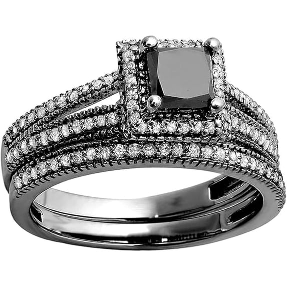 Divine Creation 2.50 Ct Princess Cut Black Diamond Wedding Engagement Thanksgiving Christmas Bridal Ring Set 14K Black Gold Plated 925 Sterling Silver For Women's -5.5
