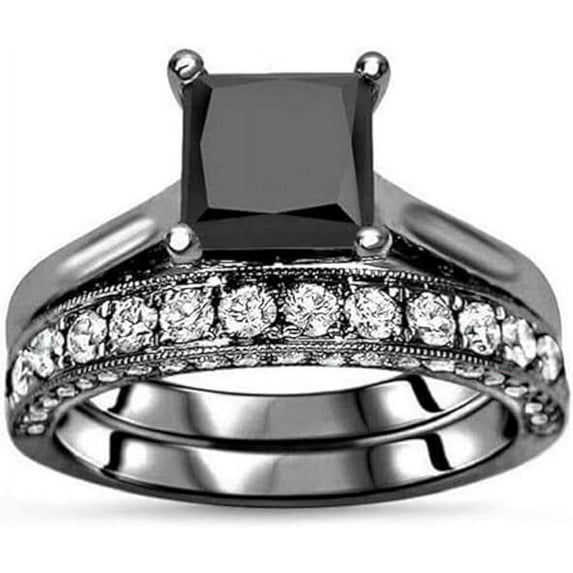 Divine Creation 2.50 Ct Princess Cut Black Diamond Wedding Engagement Thanksgiving Christmas Bridal Ring Set 14K Black Gold Plated 925 Sterling Silver For Women's -6.5