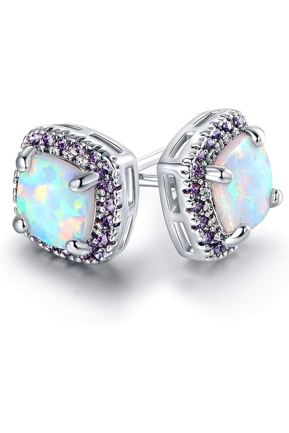 Divine Creation 2.70Ct Cushion Cut Fire Opal Halo Push Back Stud Earrings 14K White Gold Plated 925 Sterling Silver