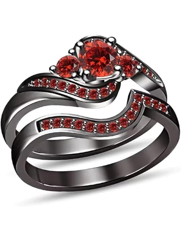 Divine Creation 2.80 Ct Round Cut Red Ruby Wedding Engagement Thanksgiving Christmas Bridal Ring Set 14K Black Gold Plated 925 Sterling Silver For Women's -4.5