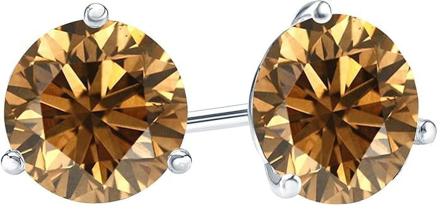 Divine Creation 2 Ct Round Cut Brown Diamond 3 Prong Push Back Womens Stud Earring 14K White Gold Plated 925 Sterling Silver