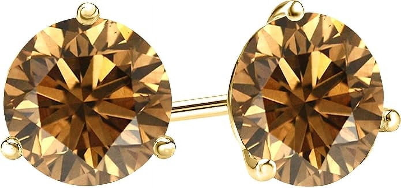 Divine Creation 2 Ct Round Cut Brown Diamond 3 Prong Push Back Womens Stud Earring 14K Yellow Gold Plated 925 Sterling Silver