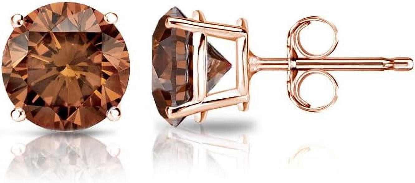 Divine Creation 2 Ct Round Cut Brown Diamond 4 Prong Push Back Womens Stud Earring 14K Rose Gold Plated 925 Sterling Silver