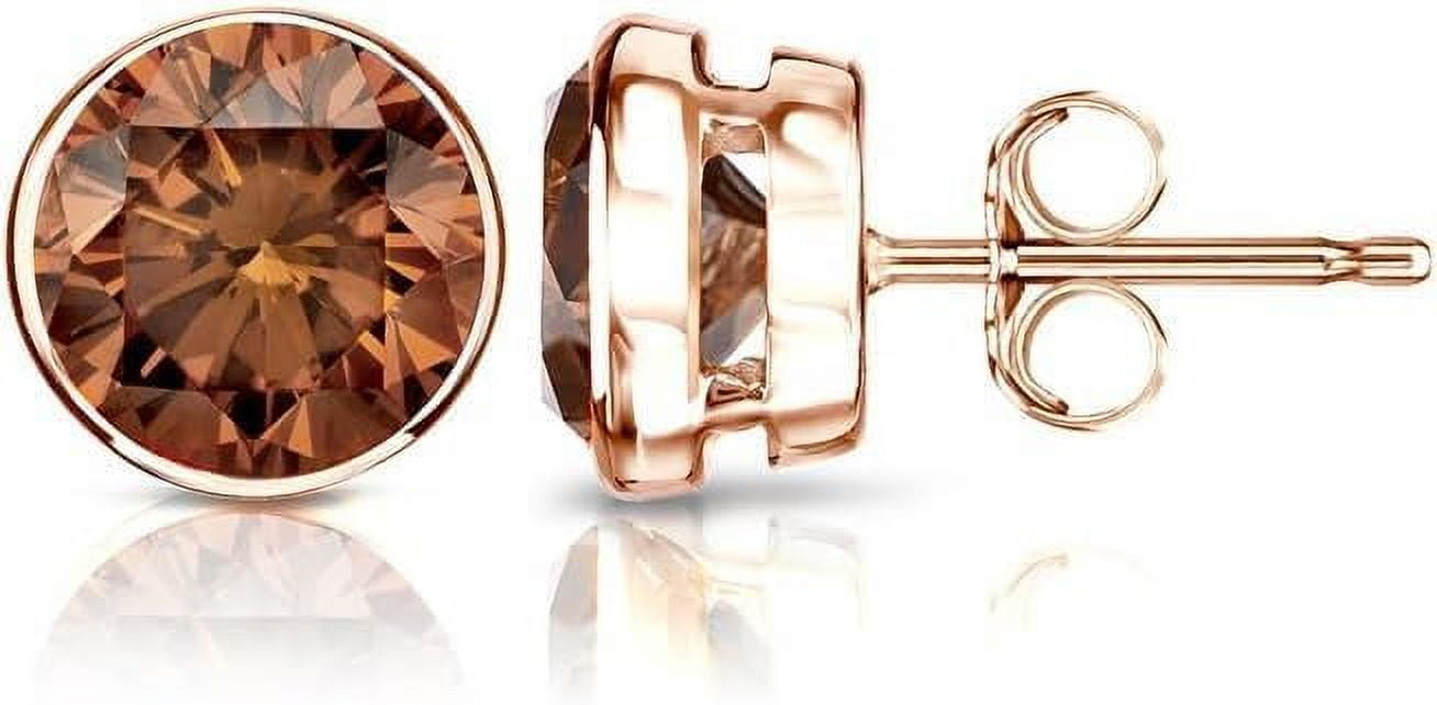 Divine Creation 2 Ct Round Cut Brown Diamond Bezel Push Back Womens Stud Earring 14K Rose Gold Plated 925 Sterling Silver