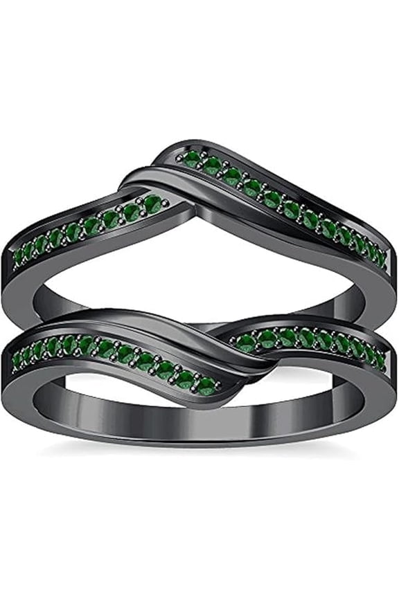 Divine Creation 2 Ct Round Cut Green Emerald Engagement Enhancer Gaurd Wrap Ring Engagement 14K Black Gold Plated 925 Sterling Silver For Women's -10