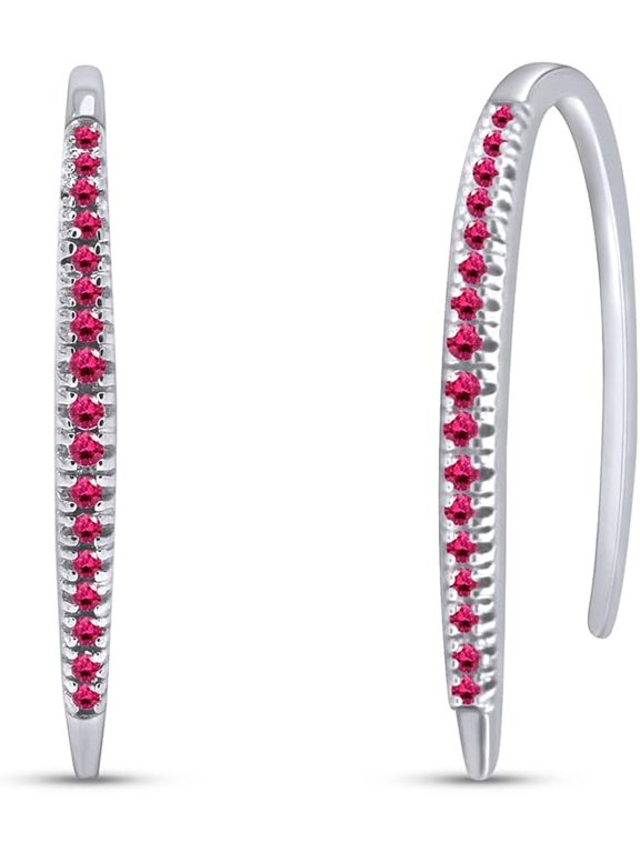 Divine Creation 2 Ct Round Cut Simulated Red Ruby Bar Hoop Earrings For Women's 14K White Gold Plated 925 Sterling Silver