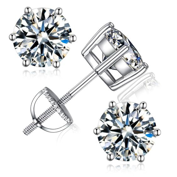 Divine Creation 2 Ctw Round Cut 7mm Diamond Screw Back Solitaire Studs Earrings 14K White Gold Plated 925 Sterling Silver