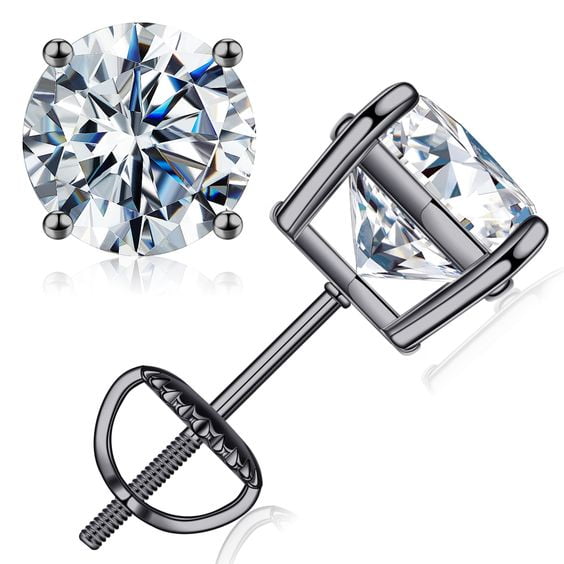 Divine Creation 2 Ctw Round Cut Diamond Screw Back Studs Earrings 14K Black Gold Plated 925 Sterling Silver