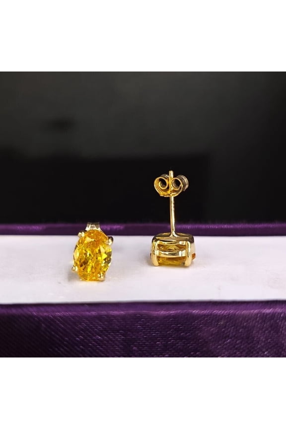 Divine Creation 2Ct Oval Cut Yellow Citrine Solitaire Push Back Stud Earrings 14K Yellow Gold Plated For Womens 925 Sterling Silver