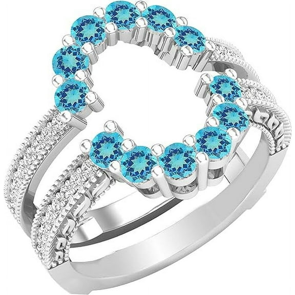Divine Creation 925 Sterling Silver 1.45 Ct Round Cut Blue Topaz & Diamond Wrap Guard Enhancer Wedding Engagement Ring 14K White Gold Finish For Women's -8.5