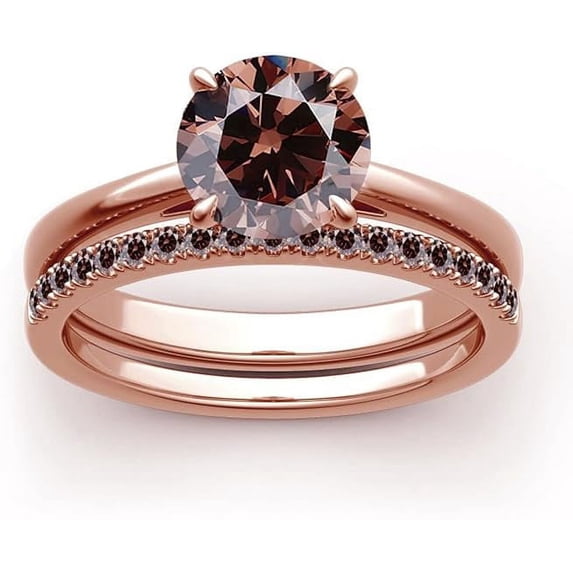 Divine Creation 925 Sterling Silver 1.50 Ct Round Cut Brown Diamond Engagement Wedding Bridal Ring Set 14K Rose Gold Plated For Women's -4