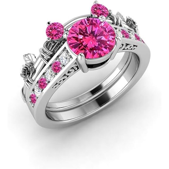 Divine Creation 925 Sterling Silver 1.55 Ct Round Cut Pink Sapphire Engagement Wedding Bridal Ring Set 14K White Gold Plated For Women's -5