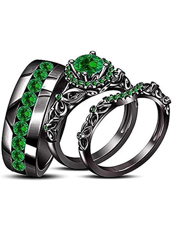 Divine Creation 925 Sterling Silver 1.70 Ct Round Cut Green Emerald Wedding Engagement Trio Ring Set 14K Black Gold Plated For Unisex -6