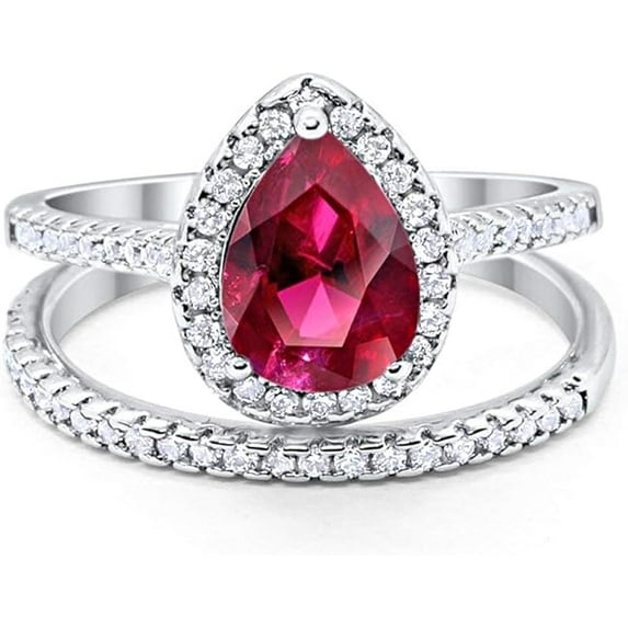 Divine Creation 925 Sterling Silver 2.00 Ct Pear Cut Red Ruby Wedding Engagement Bridal Ring Set 14K White Gold Plated For Women's -6.5