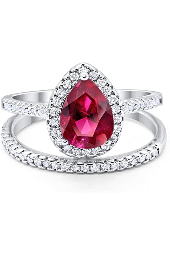 Divine Creation 925 Sterling Silver 2.00 Ct Pear Cut Red Ruby Wedding Engagement Bridal Ring Set 14K White Gold Plated For Women's -9