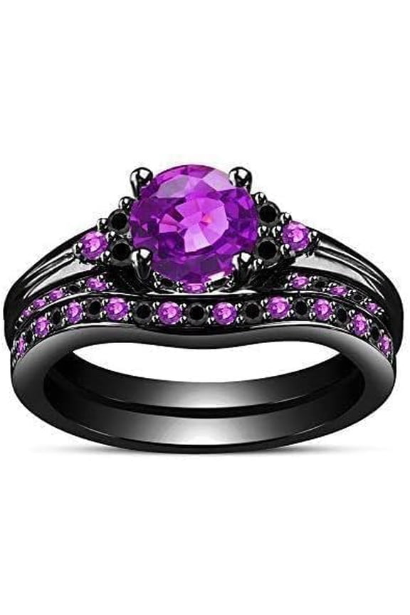 Divine Creation 925 Sterling Silver 2.00 Ct Round Cut Purple Amethyst Wedding Engagement Thanksgiving Christmas Bridal Ring Set 14K Black Gold Plated For Women's -10